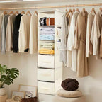 Organisateur de Placard Suspendu à 6 Étagères avec 3 Tiroirs Pliables, Rangement de Placard en Tissu Non Tissé avec Crochets en Métal et Bandes de Support en Bambou, Beige 30x30x120 cm