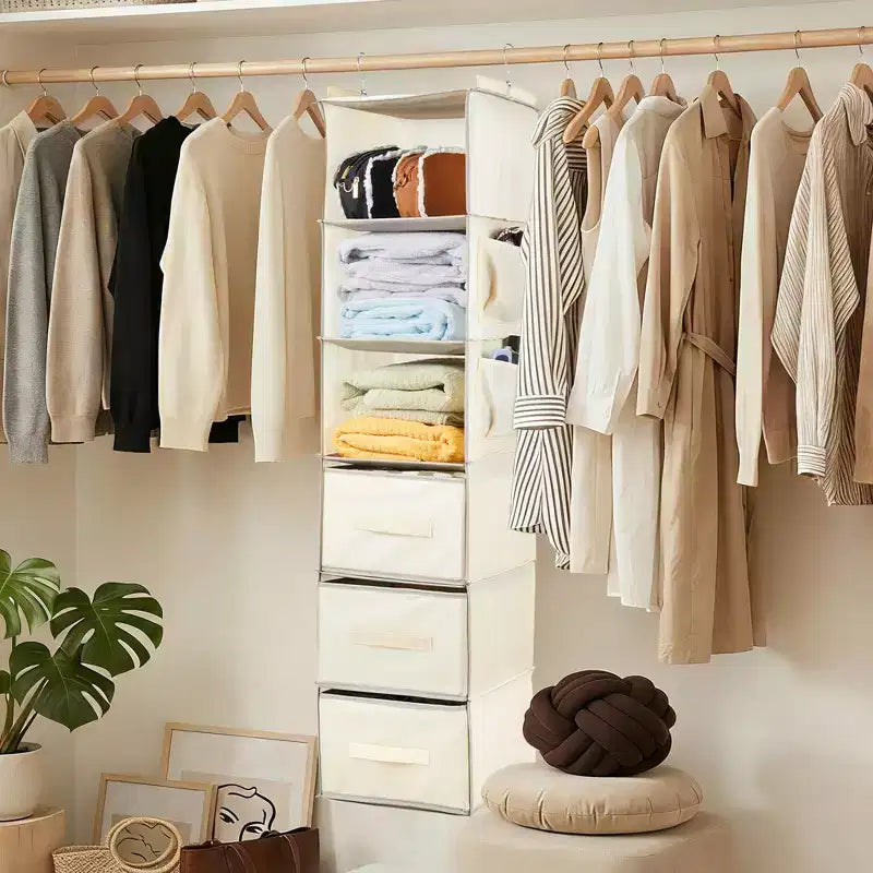 Organisateur de Placard Suspendu à 6 Étagères avec 3 Tiroirs Pliables, Rangement de Placard en Tissu Non Tissé avec Crochets en Métal et Bandes de Support en Bambou, Beige 30x30x120 cm