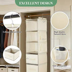 Organisateur de Placard Suspendu à 6 Étagères avec 3 Tiroirs Pliables, Rangement de Placard en Tissu Non Tissé avec Crochets en Métal et Bandes de Support en Bambou, Beige 30x30x120 cm