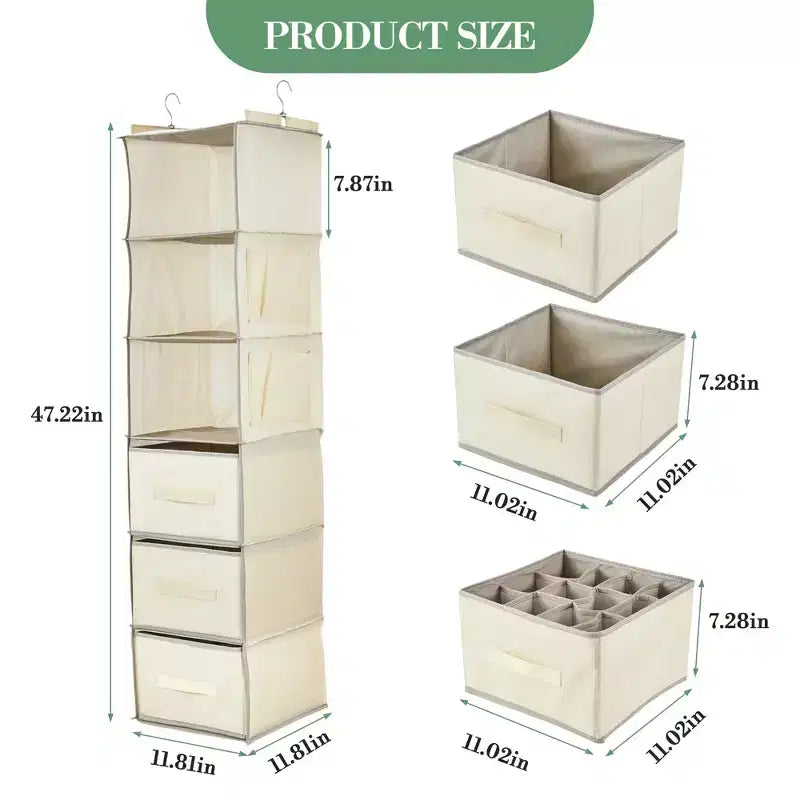 Organisateur de Placard Suspendu à 6 Étagères avec 3 Tiroirs Pliables, Rangement de Placard en Tissu Non Tissé avec Crochets en Métal et Bandes de Support en Bambou, Beige 30x30x120 cm