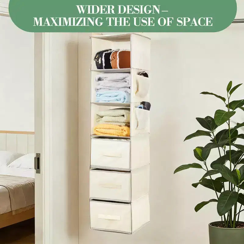 Organisateur de Placard Suspendu à 6 Étagères avec 3 Tiroirs Pliables, Rangement de Placard en Tissu Non Tissé avec Crochets en Métal et Bandes de Support en Bambou, Beige 30x30x120 cm