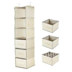 Organisateur de Placard Suspendu à 6 Étagères avec 3 Tiroirs Pliables, Rangement de Placard en Tissu Non Tissé avec Crochets en Métal et Bandes de Support en Bambou, Beige 30x30x120 cm