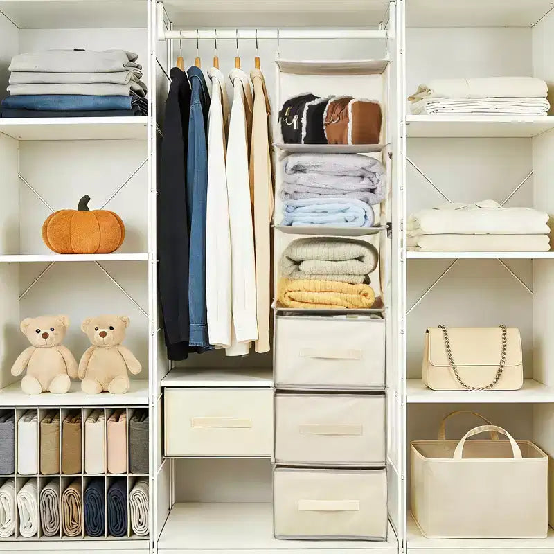 Organisateur de Placard Suspendu à 6 Étagères avec 3 Tiroirs Pliables, Rangement de Placard en Tissu Non Tissé avec Crochets en Métal et Bandes de Support en Bambou, Beige 30x30x120 cm