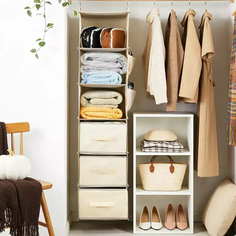 6-Shelf Hanging Closet Organizer with 3 Foldable Drawers, Non-Woven Fabric Closet Storage with Metal Hooks & Bamboo Support Strips, Beige 30x30x120 cm