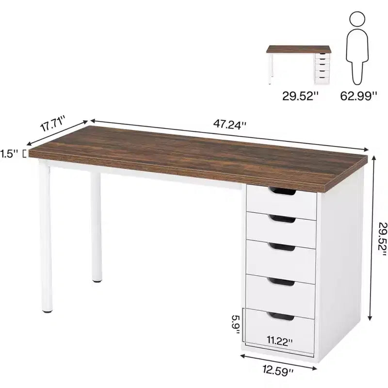 Bureau informatique avec 5 tiroirs, bureau à domicile rustique marron de 120 cm avec rangement, bureau moderne simple pour ordinateur portable, table d'étude pour petits espaces