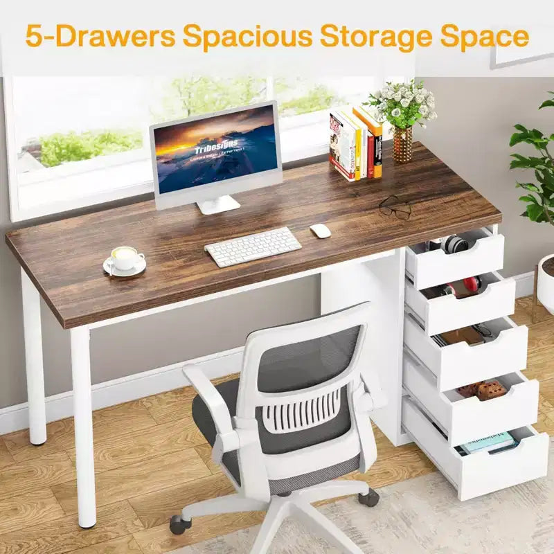 Bureau informatique avec 5 tiroirs, bureau à domicile rustique marron de 120 cm avec rangement, bureau moderne simple pour ordinateur portable, table d'étude pour petits espaces