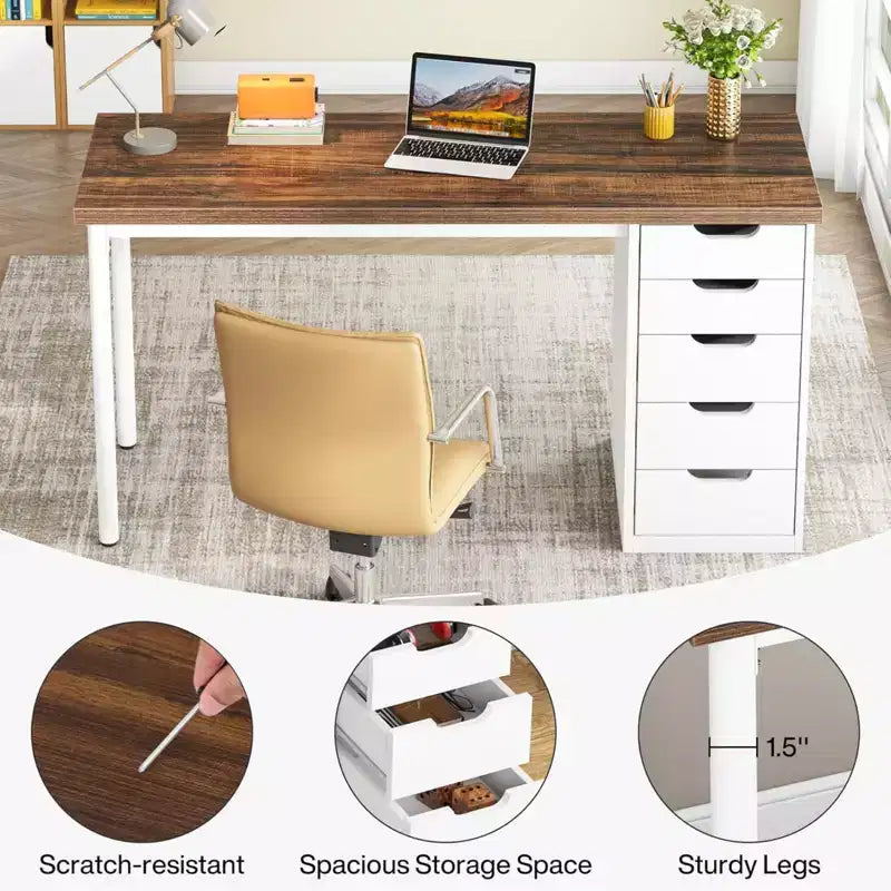 Bureau informatique avec 5 tiroirs, bureau à domicile rustique marron de 120 cm avec rangement, bureau moderne simple pour ordinateur portable, table d'étude pour petits espaces
