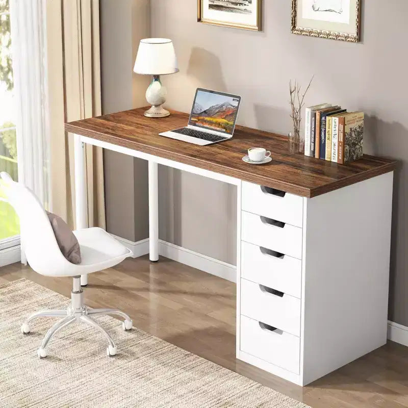 Bureau informatique avec 5 tiroirs, bureau à domicile rustique marron de 120 cm avec rangement, bureau moderne simple pour ordinateur portable, table d'étude pour petits espaces