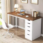 Bureau informatique avec 5 tiroirs, bureau à domicile rustique marron de 120 cm avec rangement, bureau moderne simple pour ordinateur portable, table d'étude pour petits espaces