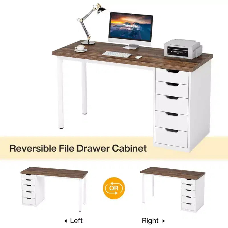 Bureau informatique avec 5 tiroirs, bureau à domicile rustique marron de 120 cm avec rangement, bureau moderne simple pour ordinateur portable, table d'étude pour petits espaces
