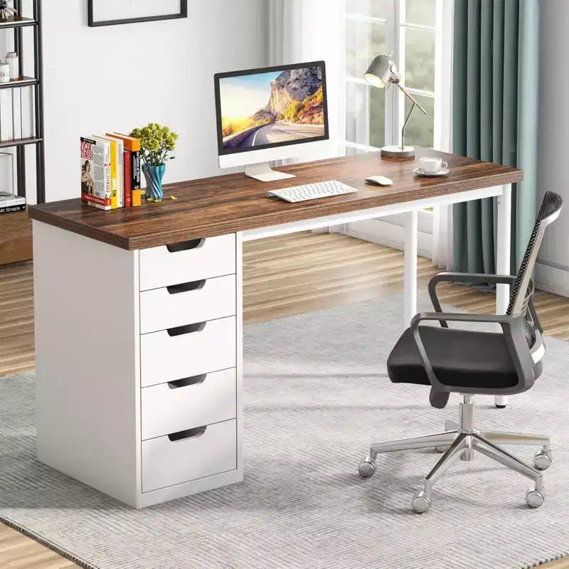 Bureau informatique avec 5 tiroirs, bureau à domicile rustique marron de 120 cm avec rangement, bureau moderne simple pour ordinateur portable, table d'étude pour petits espaces