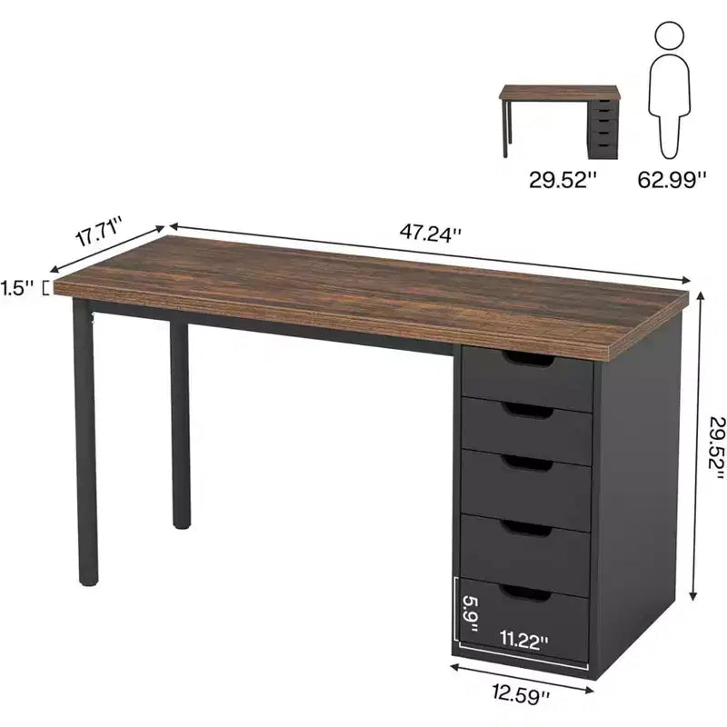 Bureau informatique avec 5 tiroirs, bureau à domicile rustique marron de 120 cm avec rangement, bureau moderne simple pour ordinateur portable, table d'étude pour petits espaces