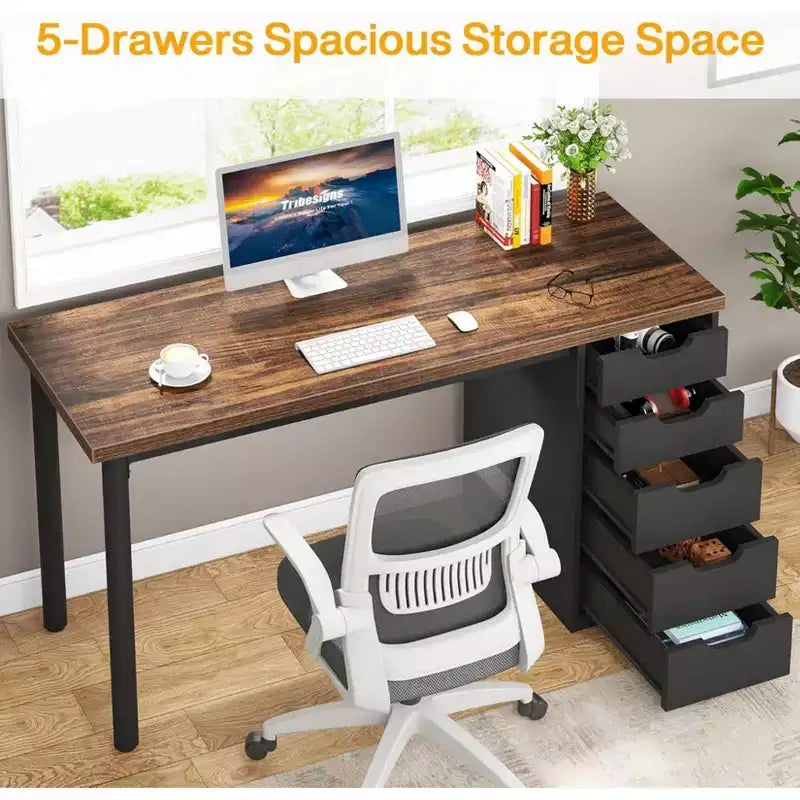 Bureau informatique avec 5 tiroirs, bureau à domicile rustique marron de 120 cm avec rangement, bureau moderne simple pour ordinateur portable, table d'étude pour petits espaces