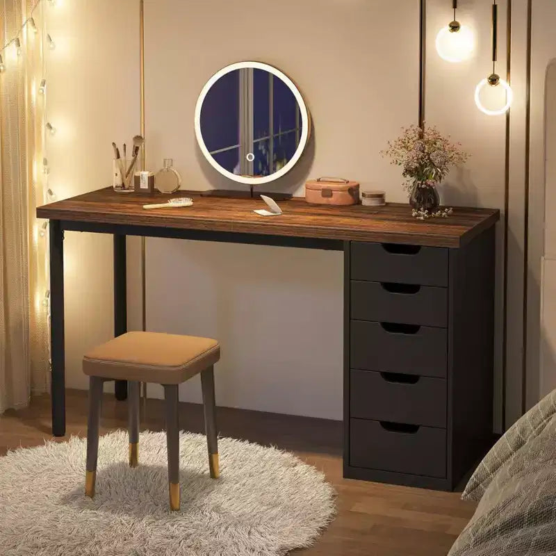 Bureau informatique avec 5 tiroirs, bureau à domicile rustique marron de 120 cm avec rangement, bureau moderne simple pour ordinateur portable, table d'étude pour petits espaces
