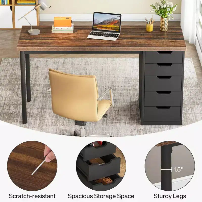 Bureau informatique avec 5 tiroirs, bureau à domicile rustique marron de 120 cm avec rangement, bureau moderne simple pour ordinateur portable, table d'étude pour petits espaces