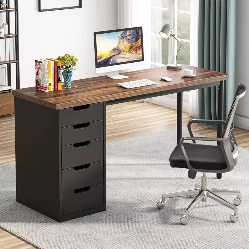 Bureau informatique avec 5 tiroirs, bureau à domicile rustique marron de 120 cm avec rangement, bureau moderne simple pour ordinateur portable, table d'étude pour petits espaces