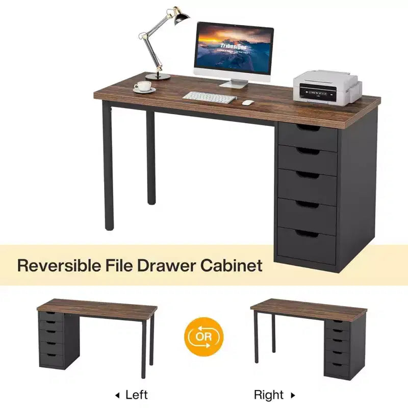 Bureau informatique avec 5 tiroirs, bureau à domicile rustique marron de 120 cm avec rangement, bureau moderne simple pour ordinateur portable, table d'étude pour petits espaces