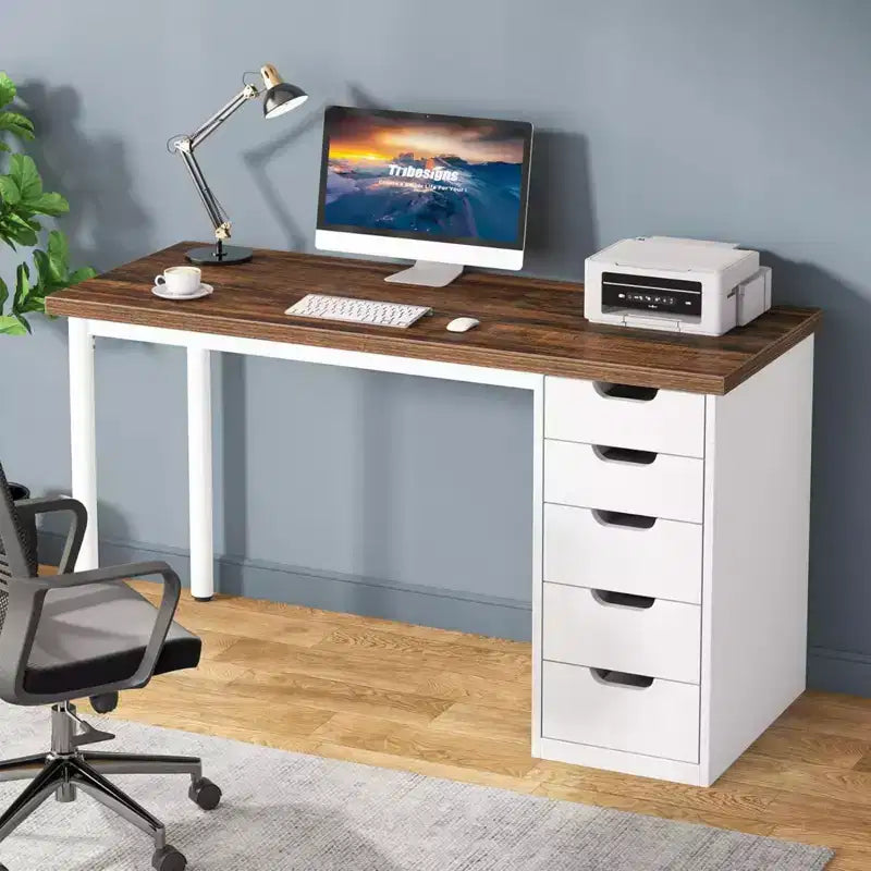 Bureau informatique avec 5 tiroirs, bureau à domicile rustique marron de 120 cm avec rangement, bureau moderne simple pour ordinateur portable, table d'étude pour petits espaces