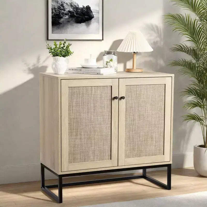 Sideboard Cabinet, Boho Rattan Buffet Storage Cabinet, Entryway Accent Table for Living Room Hallway Kitchen