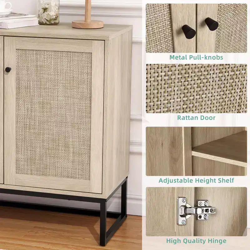 Meuble de Buffet, Armoire de Rangement Boho en Rotin, Table d'Appoint pour Entrée, Salon, Couloir, Cuisine
