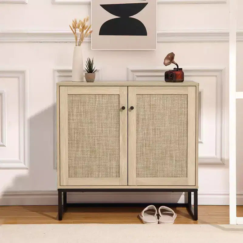 Meuble de Buffet, Armoire de Rangement Boho en Rotin, Table d'Appoint pour Entrée, Salon, Couloir, Cuisine