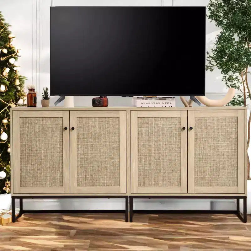 Meuble de Buffet, Armoire de Rangement Boho en Rotin, Table d'Appoint pour Entrée, Salon, Couloir, Cuisine