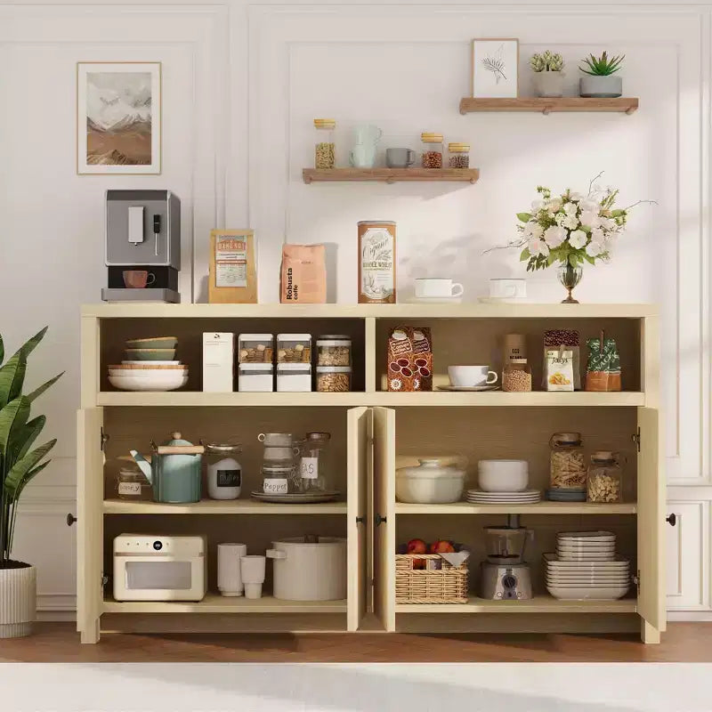 Buffet bahut avec rangement, 4 portes et étagères réglables, grand meuble de rangement de cuisine de ferme de 140 cm, meuble de bar à café en bois pour la cuisine