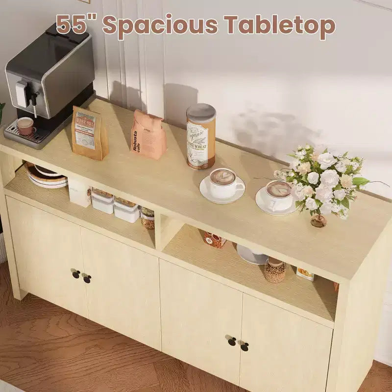 Buffet bahut avec rangement, 4 portes et étagères réglables, grand meuble de rangement de cuisine de ferme de 140 cm, meuble de bar à café en bois pour la cuisine