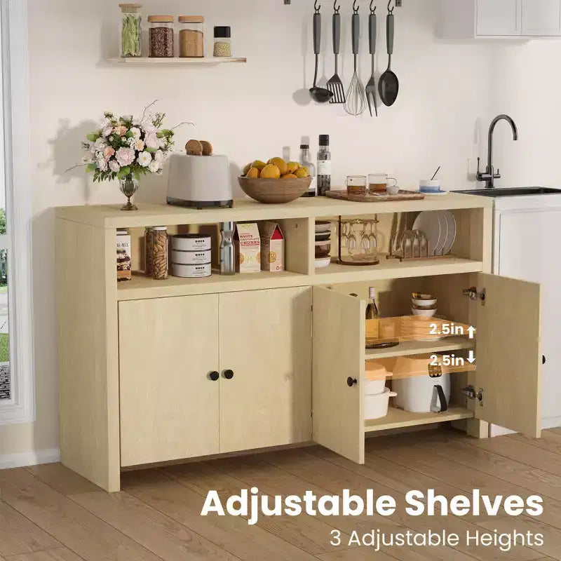 Buffet bahut avec rangement, 4 portes et étagères réglables, grand meuble de rangement de cuisine de ferme de 140 cm, meuble de bar à café en bois pour la cuisine
