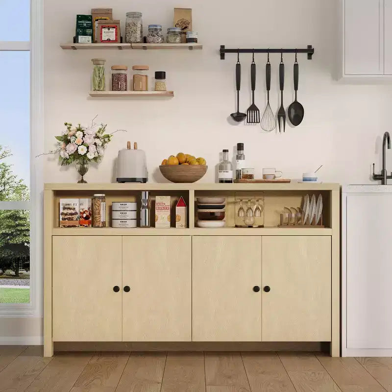 Buffet bahut avec rangement, 4 portes et étagères réglables, grand meuble de rangement de cuisine de ferme de 140 cm, meuble de bar à café en bois pour la cuisine