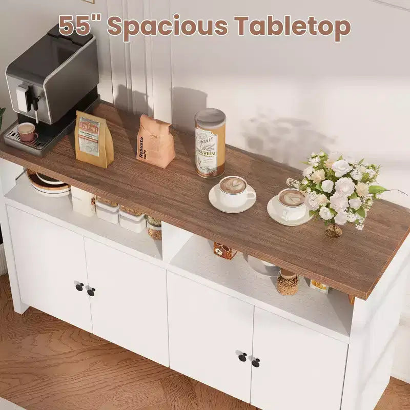 Buffet bahut avec rangement, 4 portes et étagères réglables, grand meuble de rangement de cuisine de ferme de 140 cm, meuble de bar à café en bois pour la cuisine