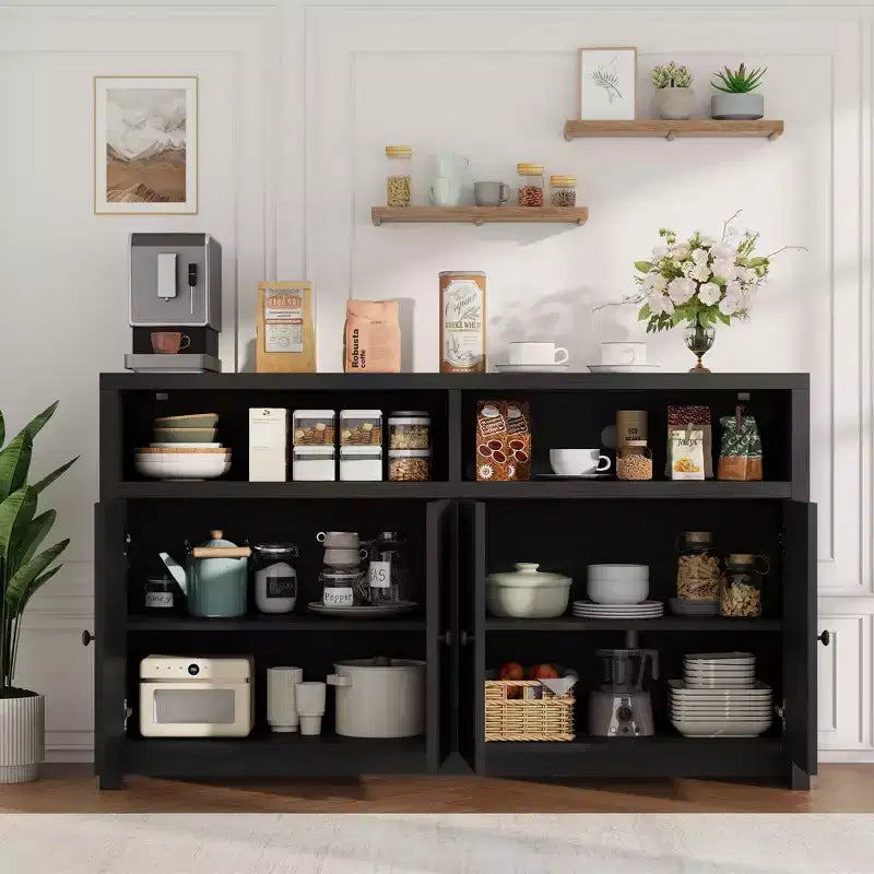 Buffet bahut avec rangement, 4 portes et étagères réglables, grand meuble de rangement de cuisine de ferme de 140 cm, meuble de bar à café en bois pour la cuisine