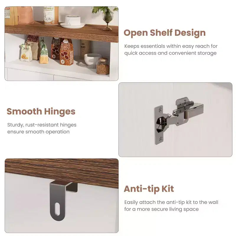 Buffet bahut avec rangement, 4 portes et étagères réglables, grand meuble de rangement de cuisine de ferme de 140 cm, meuble de bar à café en bois pour la cuisine