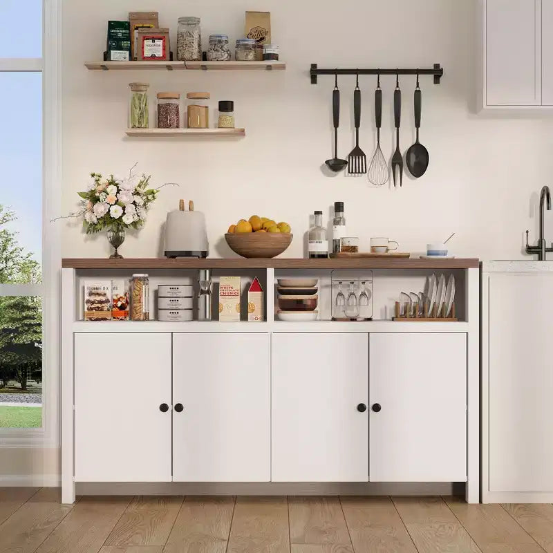 Buffet bahut avec rangement, 4 portes et étagères réglables, grand meuble de rangement de cuisine de ferme de 140 cm, meuble de bar à café en bois pour la cuisine