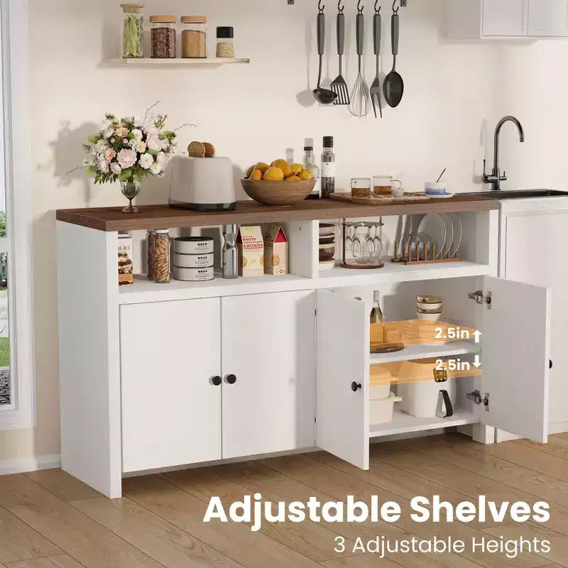 Buffet bahut avec rangement, 4 portes et étagères réglables, grand meuble de rangement de cuisine de ferme de 140 cm, meuble de bar à café en bois pour la cuisine