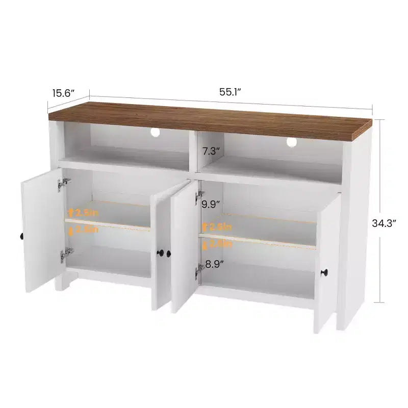 Buffet bahut avec rangement, 4 portes et étagères réglables, grand meuble de rangement de cuisine de ferme de 140 cm, meuble de bar à café en bois pour la cuisine
