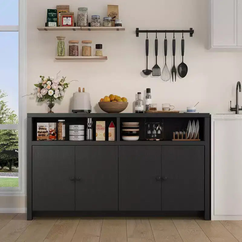 Buffet bahut avec rangement, 4 portes et étagères réglables, grand meuble de rangement de cuisine de ferme de 140 cm, meuble de bar à café en bois pour la cuisine