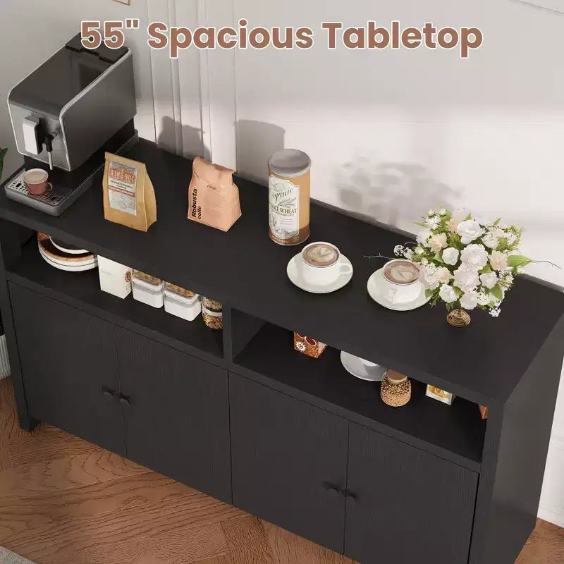 Buffet bahut avec rangement, 4 portes et étagères réglables, grand meuble de rangement de cuisine de ferme de 140 cm, meuble de bar à café en bois pour la cuisine