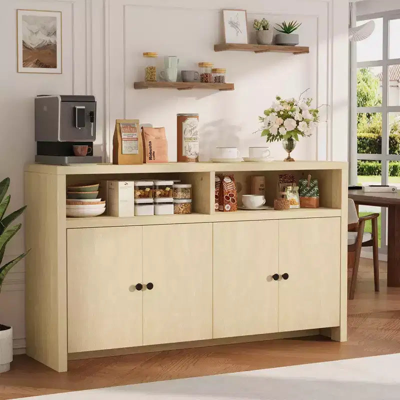Buffet bahut avec rangement, 4 portes et étagères réglables, grand meuble de rangement de cuisine de ferme de 140 cm, meuble de bar à café en bois pour la cuisine