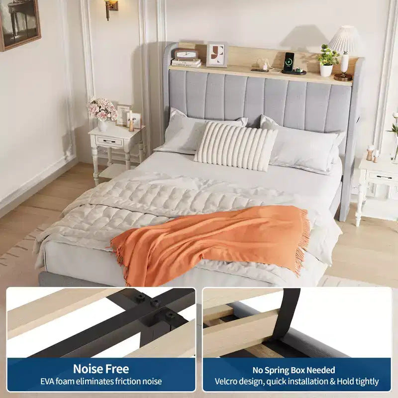 Cadre de lit double avec tête de lit, Cadre de lit double XL robuste avec tête de lit rembourrée, Lit plateforme avec tête de lit de rangement, Station de charge, Tiroirs