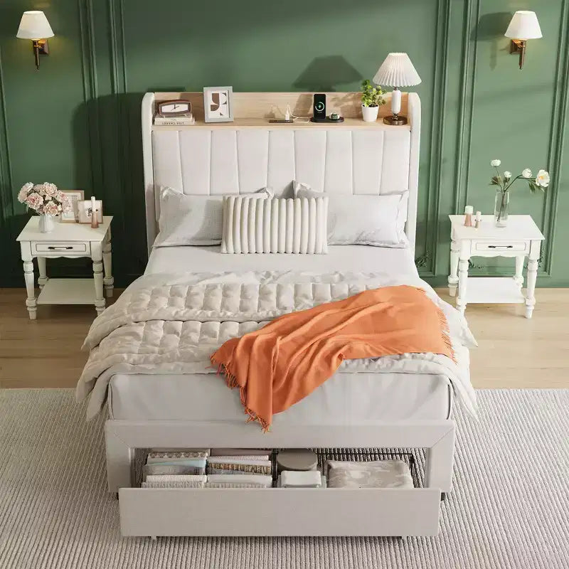 Cadre de lit double avec tête de lit, Cadre de lit double XL robuste avec tête de lit rembourrée, Lit plateforme avec tête de lit de rangement, Station de charge, Tiroirs