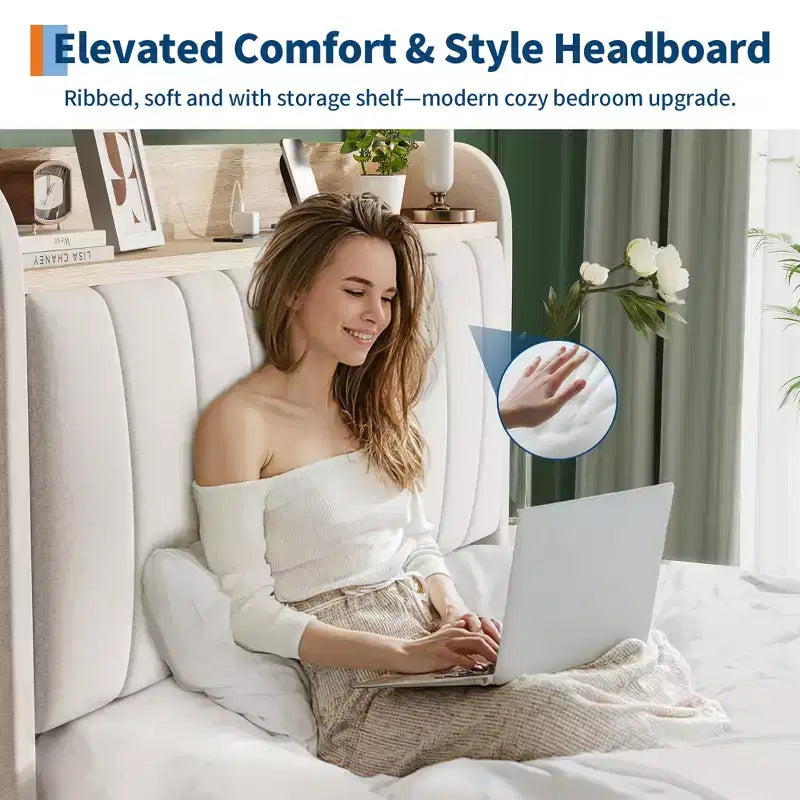 Cadre de lit double avec tête de lit, Cadre de lit double XL robuste avec tête de lit rembourrée, Lit plateforme avec tête de lit de rangement, Station de charge, Tiroirs