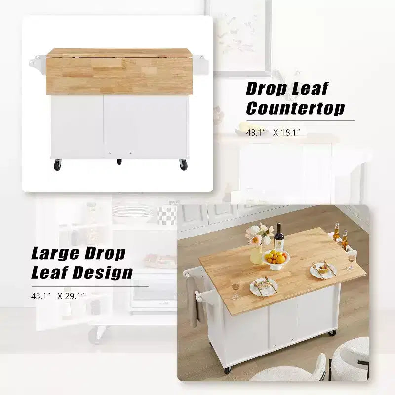 MooxvMoo Îlot de cuisine roulant avec comptoir rabattable, armoire de rangement et porte-serviettes – Chariot mobile sur roues avec porte de grange, Blanc