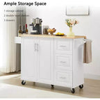 MooxvMoo Îlot de cuisine roulant avec comptoir rabattable, armoire de rangement et porte-serviettes – Chariot mobile sur roues avec porte de grange, Blanc