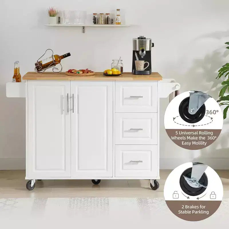 MooxvMoo Îlot de cuisine roulant avec comptoir rabattable, armoire de rangement et porte-serviettes – Chariot mobile sur roues avec porte de grange, Blanc
