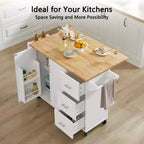 MooxvMoo Îlot de cuisine roulant avec comptoir rabattable, armoire de rangement et porte-serviettes – Chariot mobile sur roues avec porte de grange, Blanc