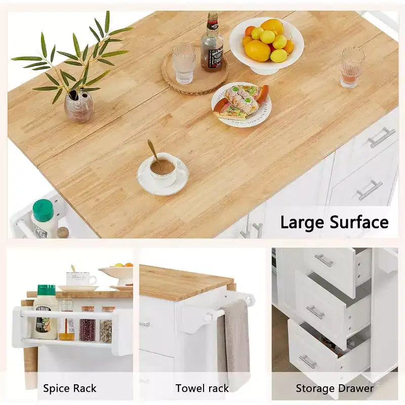 MooxvMoo Îlot de cuisine roulant avec comptoir rabattable, armoire de rangement et porte-serviettes – Chariot mobile sur roues avec porte de grange, Blanc