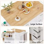 MooxvMoo Îlot de cuisine roulant avec comptoir rabattable, armoire de rangement et porte-serviettes – Chariot mobile sur roues avec porte de grange, Blanc