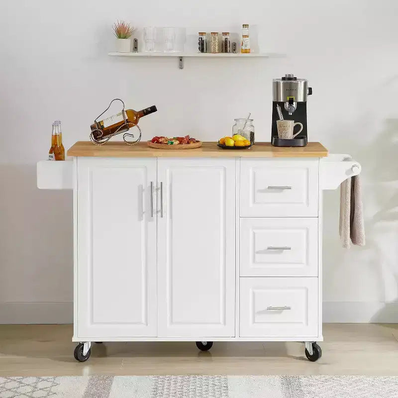 MooxvMoo Îlot de cuisine roulant avec comptoir rabattable, armoire de rangement et porte-serviettes – Chariot mobile sur roues avec porte de grange, Blanc