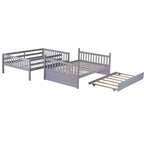 Lit superposé Bellemave double sur double en bois d'hévéa avec lit gigogne, échelle et balustrades, convertible en 2 lits doubles, avec lit gigogne double